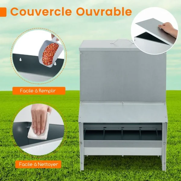 Mangeoire à Poulet Galvanisée de Capacité de 22 kg Fixation Murale avec Couvercle Distributeur de Nourriture Sans Gaspillage Argent