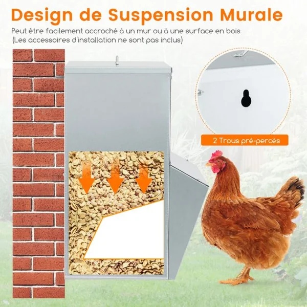 Mangeoire à Poulet Galvanisée de Capacité de 22 kg Fixation Murale avec Couvercle Distributeur de Nourriture Sans Gaspillage Argent