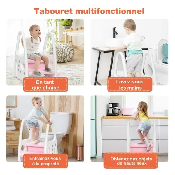 Marchepied Enfant 2 Marches Antidéparant pour Apprentissage de la Propreté avec Accoudoir de Sécurité Structure Triangulaire Bleu