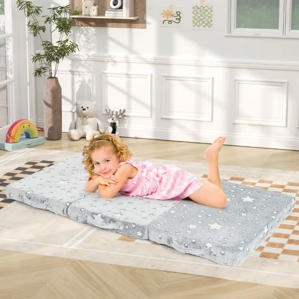 Matelas de Sol Pliable en 3 Parties pour Enfants Tapis de Sieste Phosphorescent avec Housse Amovible et Lavable en Machine Gris