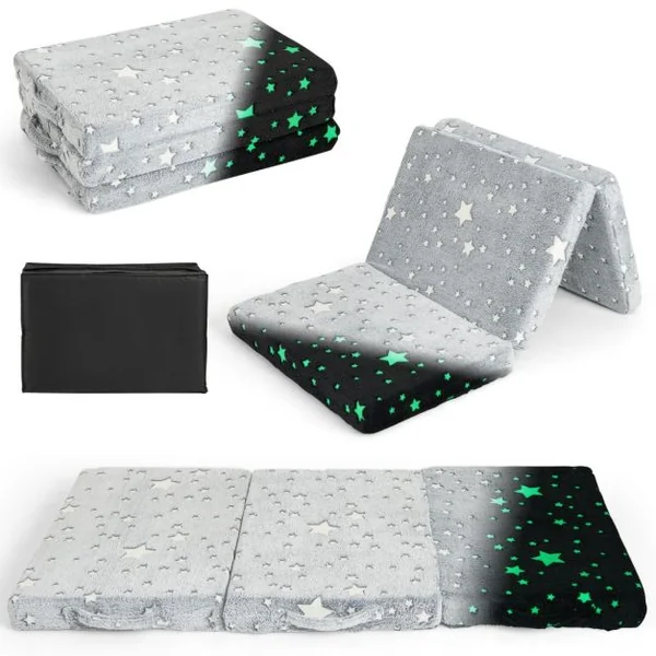 Matelas de Sol Pliable en 3 Parties pour Enfants Tapis de Sieste Phosphorescent avec Housse Amovible et Lavable en Machine Gris