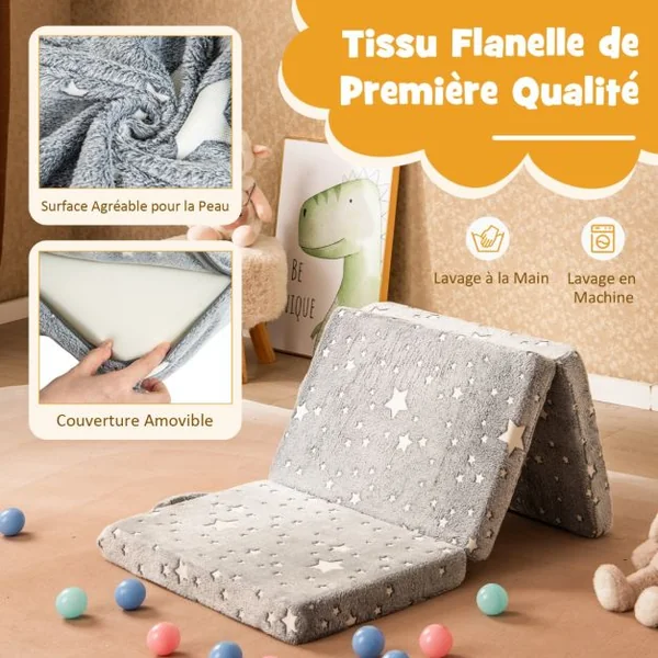 Matelas de Sol Pliable en 3 Parties pour Enfants Tapis de Sieste Phosphorescent avec Housse Amovible et Lavable en Machine Gris