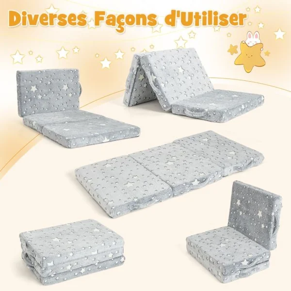 Matelas de Sol Pliable en 3 Parties pour Enfants Tapis de Sieste Phosphorescent avec Housse Amovible et Lavable en Machine Gris