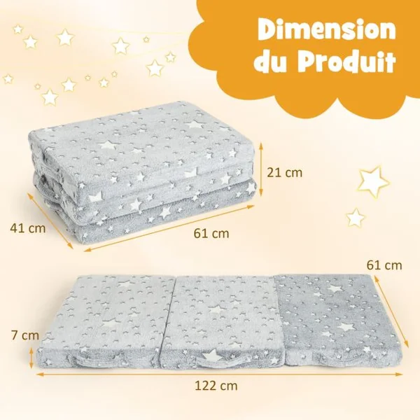 Matelas de Sol Pliable en 3 Parties pour Enfants Tapis de Sieste Phosphorescent avec Housse Amovible et Lavable en Machine Gris