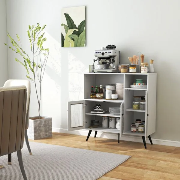Meuble de Rangement Buffet avec Placard 3 Portes 100 x 39,5 x 100 cm 2 Etagères Style Industriel pour Salon Couloir Blanc