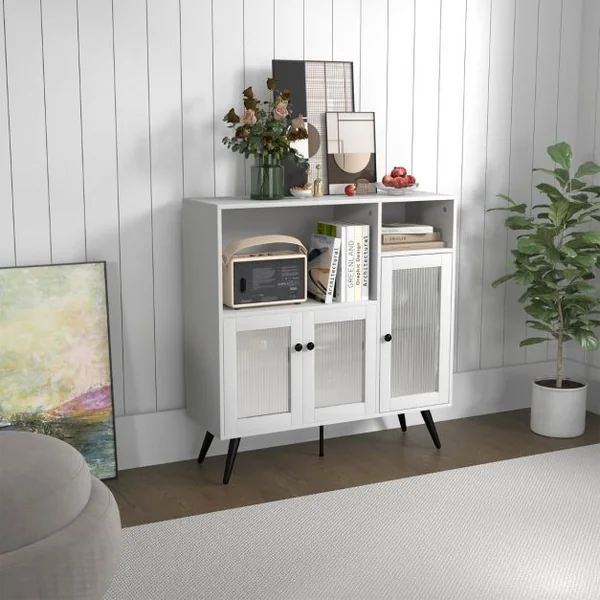 Meuble de Rangement Buffet avec Placard 3 Portes 100 x 39,5 x 100 cm 2 Etagères Style Industriel pour Salon Couloir Blanc