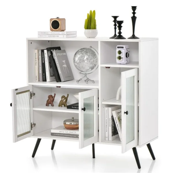 Meuble de Rangement Buffet avec Placard 3 Portes 100 x 39,5 x 100 cm 2 Etagères Style Industriel pour Salon Couloir Blanc