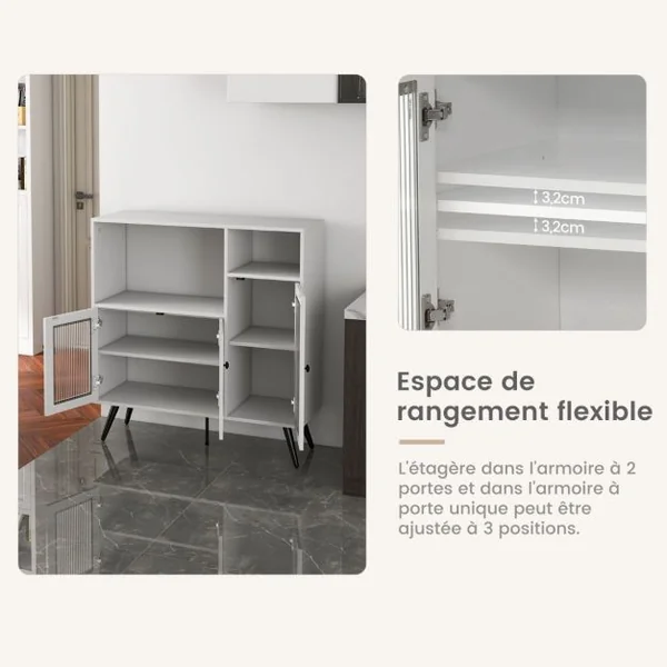 Meuble de Rangement Buffet avec Placard 3 Portes 100 x 39,5 x 100 cm 2 Etagères Style Industriel pour Salon Couloir Blanc