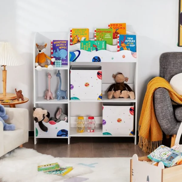 Meuble de Rangement Jouet Enfants avec Motif Astronaute & 5 Compartiments Étagère de Jouets avec 2 Tiroirs Amovibles 93x30x102cm