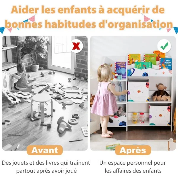 Meuble de Rangement Jouet Enfants avec Motif Astronaute & 5 Compartiments Étagère de Jouets avec 2 Tiroirs Amovibles 93x30x102cm