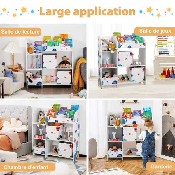 Meuble de Rangement Jouet Enfants avec Motif Astronaute & 5 Compartiments Étagère de Jouets avec 2 Tiroirs Amovibles 93x30x102cm
