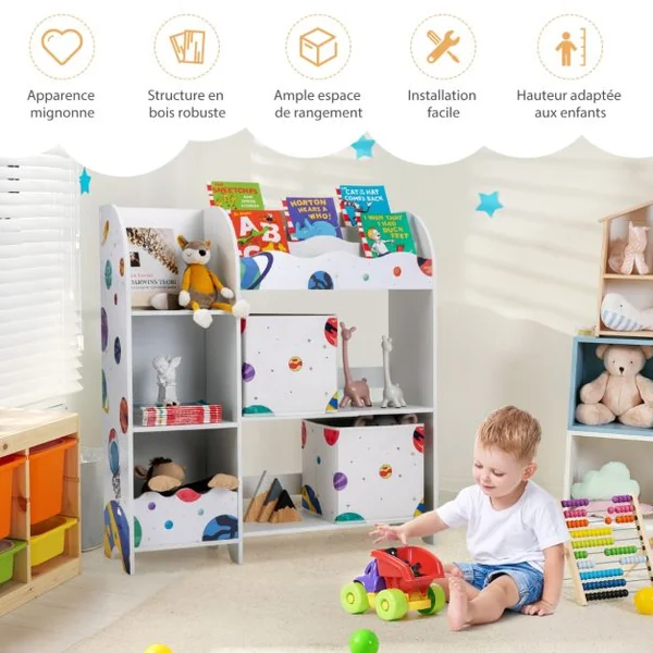 Meuble de Rangement Jouet Enfants avec Motif Astronaute & 5 Compartiments Étagère de Jouets avec 2 Tiroirs Amovibles 93x30x102cm