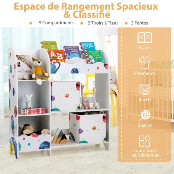 Meuble de Rangement Jouet Enfants avec Motif Astronaute & 5 Compartiments Étagère de Jouets avec 2 Tiroirs Amovibles 93x30x102cm