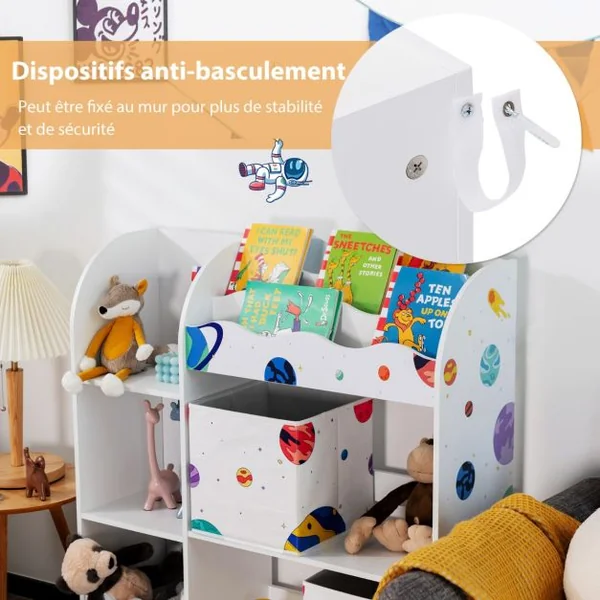 Meuble de Rangement Jouet Enfants avec Motif Astronaute & 5 Compartiments Étagère de Jouets avec 2 Tiroirs Amovibles 93x30x102cm