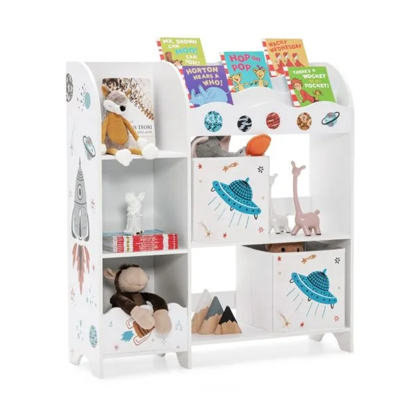 Meuble de Rangement Jouet Enfants avec Motif Fusée&5 Compartiments Étagère de Jouets avec 2 Tiroirs Amovibles 93x30x102cm
