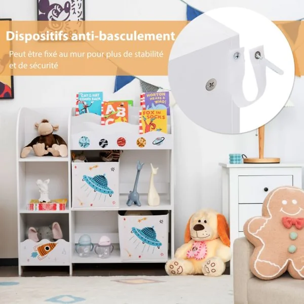 Meuble de Rangement Jouet Enfants avec Motif Fusée&5 Compartiments Étagère de Jouets avec 2 Tiroirs Amovibles 93x30x102cm