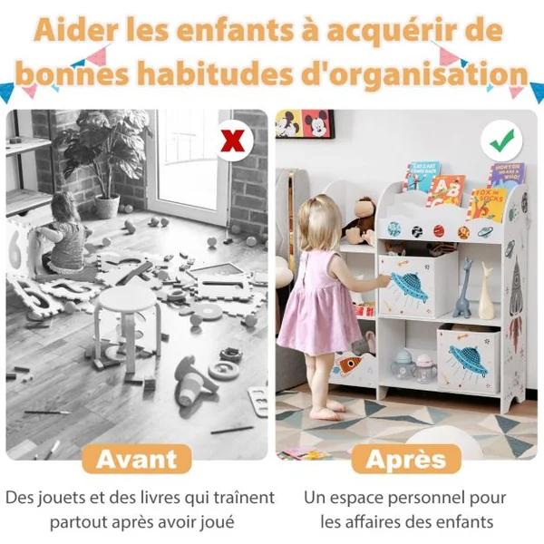 Meuble de Rangement Jouet Enfants avec Motif Fusée&5 Compartiments Étagère de Jouets avec 2 Tiroirs Amovibles 93x30x102cm