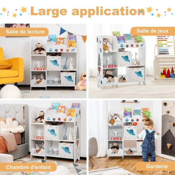 Meuble de Rangement Jouet Enfants avec Motif Fusée&5 Compartiments Étagère de Jouets avec 2 Tiroirs Amovibles 93x30x102cm