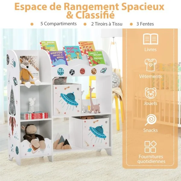 Meuble de Rangement Jouet Enfants avec Motif Fusée&5 Compartiments Étagère de Jouets avec 2 Tiroirs Amovibles 93x30x102cm