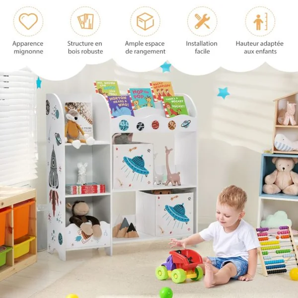 Meuble de Rangement Jouet Enfants avec Motif Fusée&5 Compartiments Étagère de Jouets avec 2 Tiroirs Amovibles 93x30x102cm
