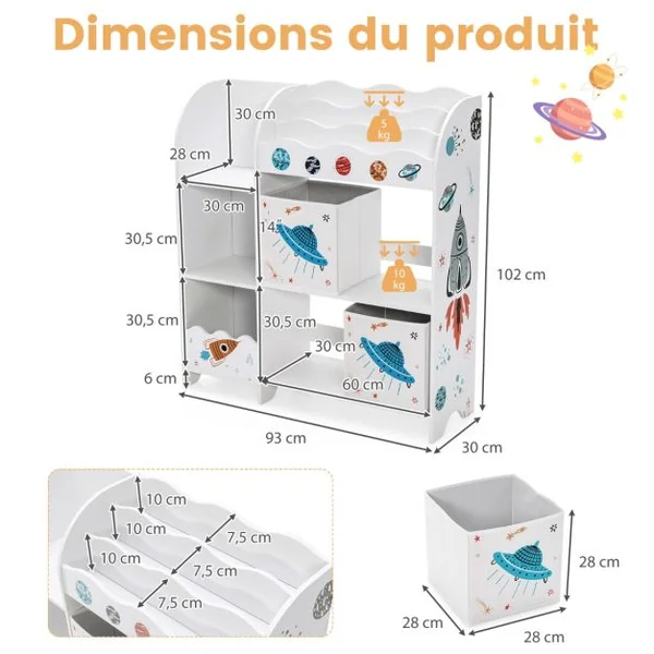 Meuble de Rangement Jouet Enfants avec Motif Fusée&5 Compartiments Étagère de Jouets avec 2 Tiroirs Amovibles 93x30x102cm