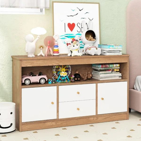 Meuble de Rangement pour Jouets d’Enfants Bibliothèque en Bois pour Enfants Etagère Ouverte 2 Tiroirs 2 Portes Naturel