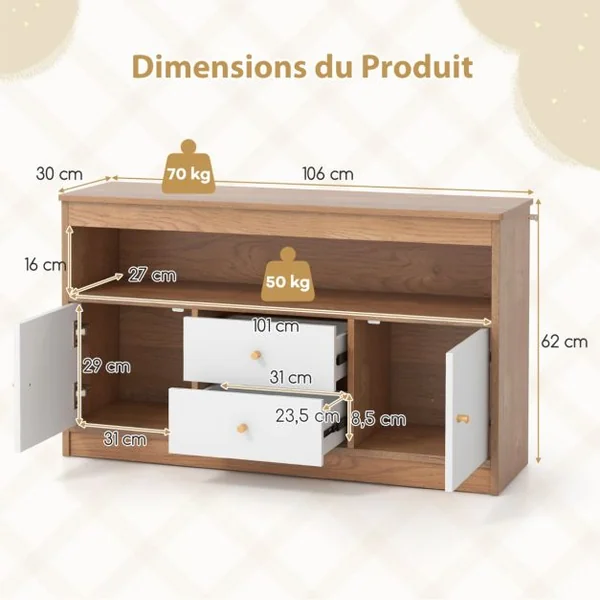 Meuble de Rangement pour Jouets d’Enfants Bibliothèque en Bois pour Enfants Etagère Ouverte 2 Tiroirs 2 Portes Naturel