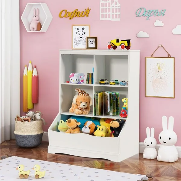 Meuble de Rangement pour Jouets à 3 Niveaux avec 4 Compartiments Ouverts et un Bac Bibliothèque Blanc