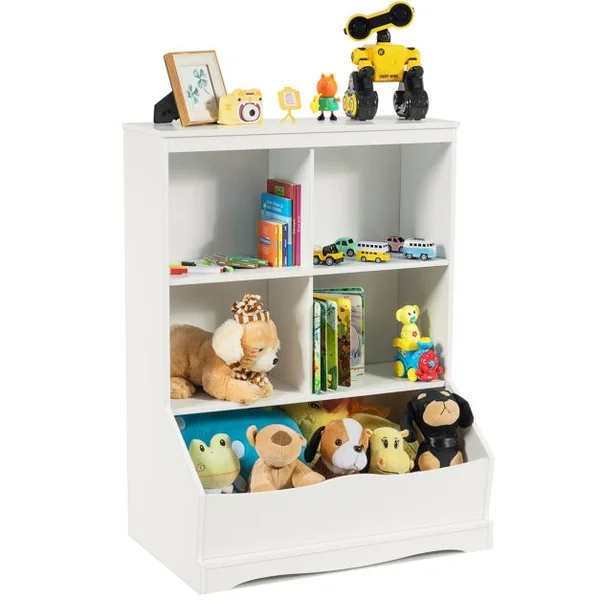 Meuble de Rangement pour Jouets à 3 Niveaux avec 4 Compartiments Ouverts et un Bac Bibliothèque Blanc