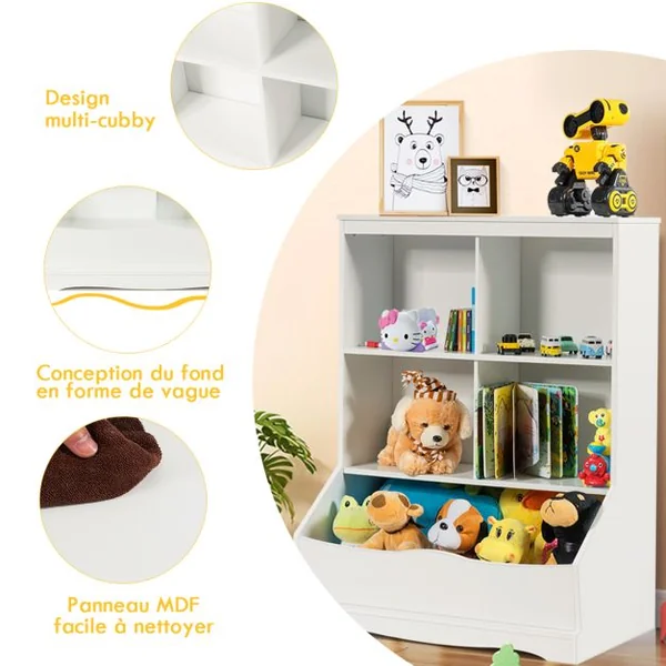 Meuble de Rangement pour Jouets à 3 Niveaux avec 4 Compartiments Ouverts et un Bac Bibliothèque Blanc