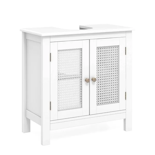 Meuble de Rangement pour Lavabo sur Pied avec 2 Portes en Rotin Meuble de Salle de Bain pour Lavabo avec Découpe en ‘U’ 60 x 30 x 60cm Blanc