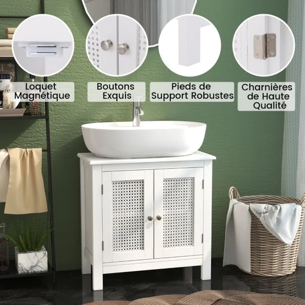 Meuble de Rangement pour Lavabo sur Pied avec 2 Portes en Rotin Meuble de Salle de Bain pour Lavabo avec Découpe en ‘U’ 60 x 30 x 60cm Blanc
