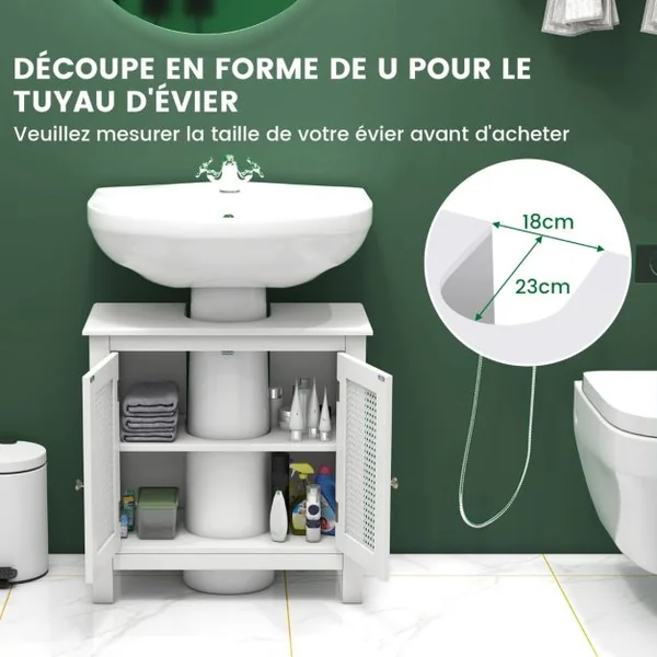 Meuble de Rangement pour Lavabo sur Pied avec 2 Portes en Rotin Meuble de Salle de Bain pour Lavabo avec Découpe en ‘U’ 60 x 30 x 60cm Blanc