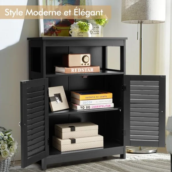 Meuble de Rangement pour Salle de Bain Meuble sur Pieds en Bois avec Placard 2 Portes pour Salle de Bain Salon Chambre Gris/Blanc/Noir