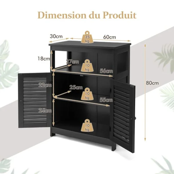 Meuble de Rangement pour Salle de Bain Meuble sur Pieds en Bois avec Placard 2 Portes pour Salle de Bain Salon Chambre Gris/Blanc/Noir