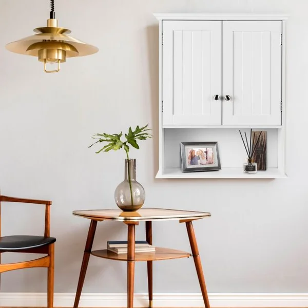 Meuble de Salle de Bain Armoire Murale avec 2 Portes Étagères Réglables Armoire à Pharmacie de Rangement 60x19x71cm Blanc/Gris