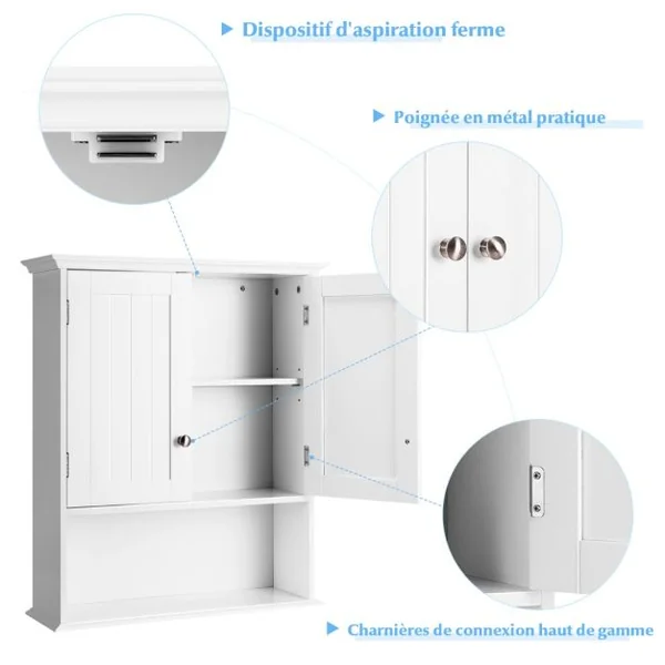 Meuble de Salle de Bain Armoire Murale avec 2 Portes Étagères Réglables Armoire à Pharmacie de Rangement 60x19x71cm Blanc/Gris