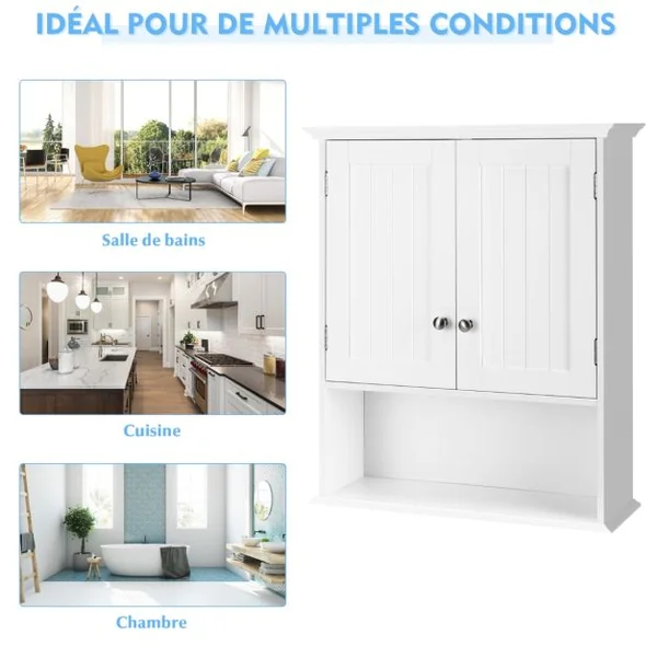 Meuble de Salle de Bain Armoire Murale avec 2 Portes Étagères Réglables Armoire à Pharmacie de Rangement 60x19x71cm Blanc/Gris