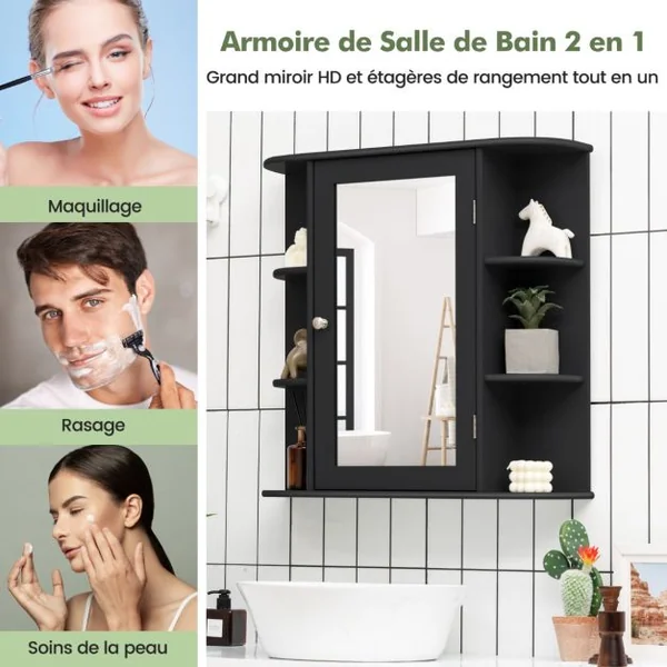 Meuble de Salle de Bain Mural avec 1 Porte avec Miroir et 4 Etagères 6 étagères extérieures en MDF 66x16,5x60cm Blanc/Gris/Marron/Noir/Naturel