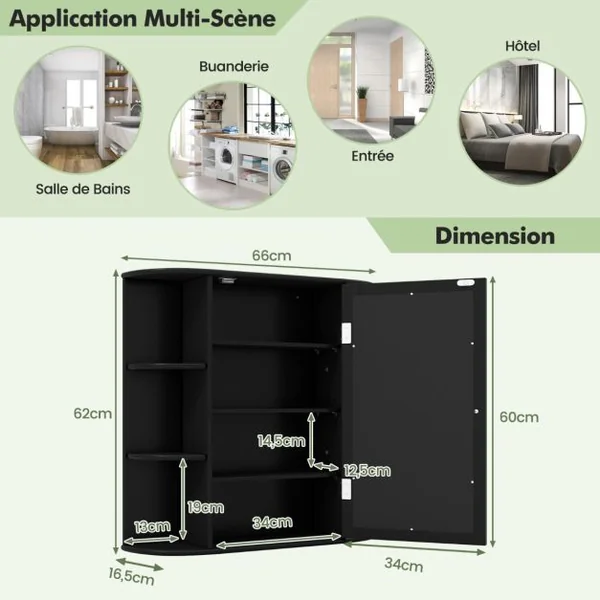 Meuble de Salle de Bain Mural avec 1 Porte avec Miroir et 4 Etagères 6 étagères extérieures en MDF 66x16,5x60cm Blanc/Gris/Marron/Noir/Naturel