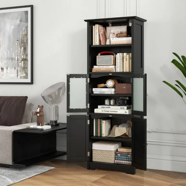 Meuble de Salle de Bain à 4 Portes 2 Compartiments Ouverts Colonne Salle de Bain Armoire Haute avec Étagères Réglables 60x30x163cm Blanc/Gris/Noir