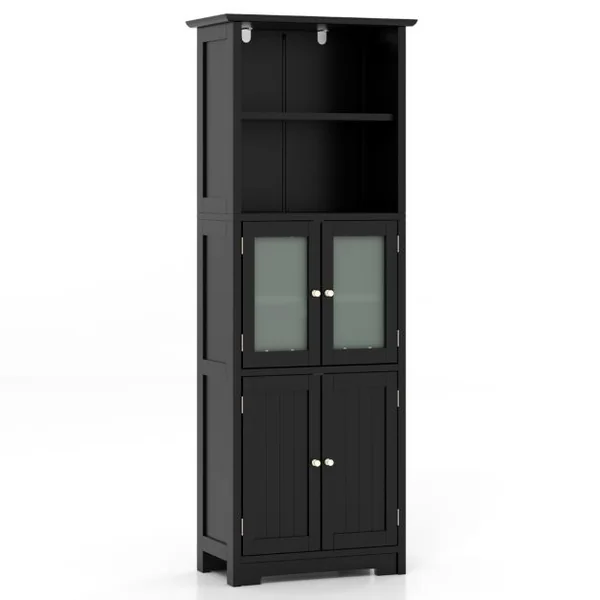 Meuble de Salle de Bain à 4 Portes 2 Compartiments Ouverts Colonne Salle de Bain Armoire Haute avec Étagères Réglables 60x30x163cm Blanc/Gris/Noir