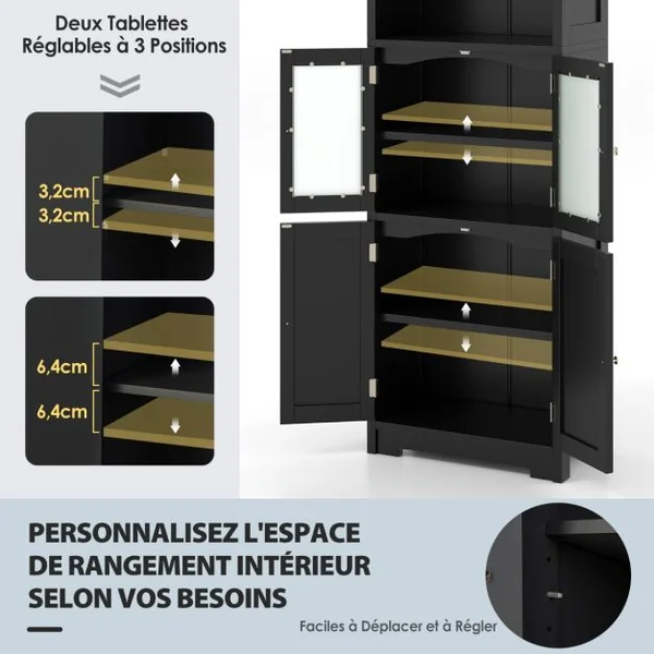 Meuble de Salle de Bain à 4 Portes 2 Compartiments Ouverts Colonne Salle de Bain Armoire Haute avec Étagères Réglables 60x30x163cm Blanc/Gris/Noir