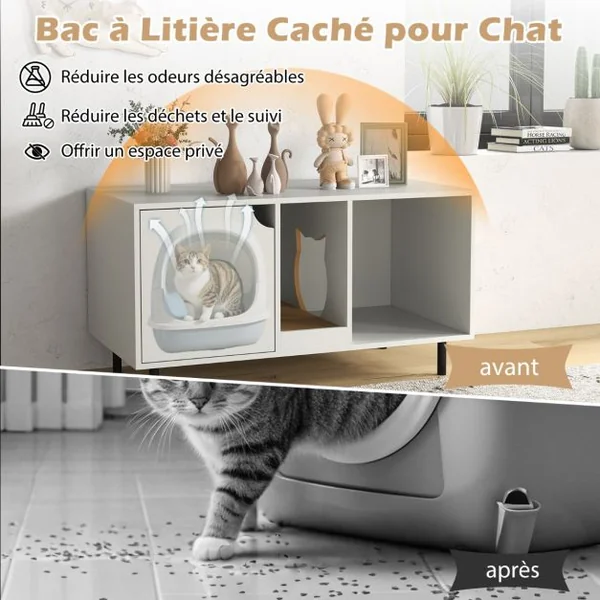 Meuble pour Bac à Litière pour Chat 100cm Griffoir Amovible Pieds en Métal Meuble d'Appoint pour Chat d'Intérieur à 2 Compartiments Charge Supportée 120 kg Blanc