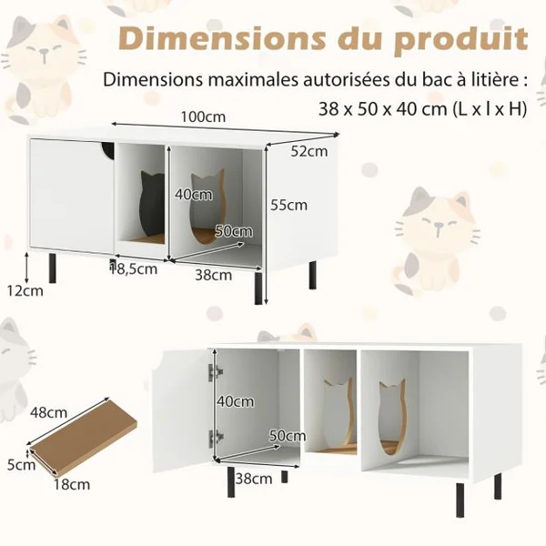 Meuble pour Bac à Litière pour Chat 100cm Griffoir Amovible Pieds en Métal Meuble d'Appoint pour Chat d'Intérieur à 2 Compartiments Charge Supportée 120 kg Blanc