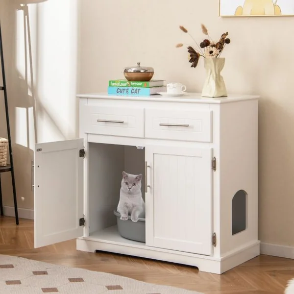 Meuble pour Bac à Litière pour Chat Armoire Latérale pour Chat 2 Tiroirs Portes Doubles Dispositifs Anti-basculement Blanc