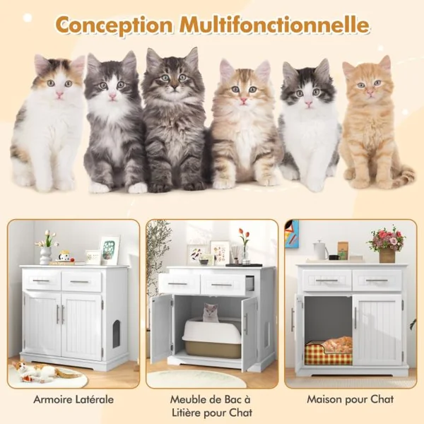 Meuble pour Bac à Litière pour Chat Armoire Latérale pour Chat 2 Tiroirs Portes Doubles Dispositifs Anti-basculement Blanc