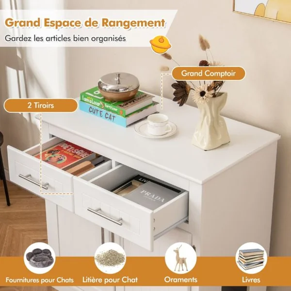 Meuble pour Bac à Litière pour Chat Armoire Latérale pour Chat 2 Tiroirs Portes Doubles Dispositifs Anti-basculement Blanc