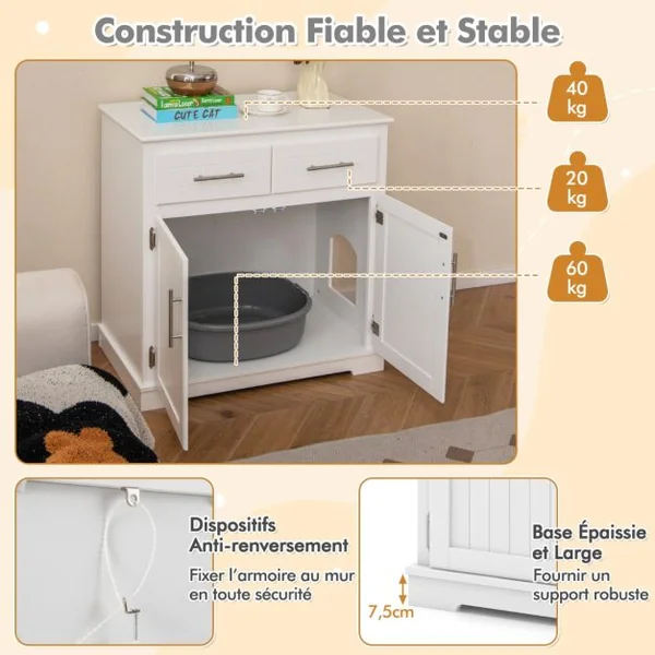 Meuble pour Bac à Litière pour Chat Armoire Latérale pour Chat 2 Tiroirs Portes Doubles Dispositifs Anti-basculement Blanc