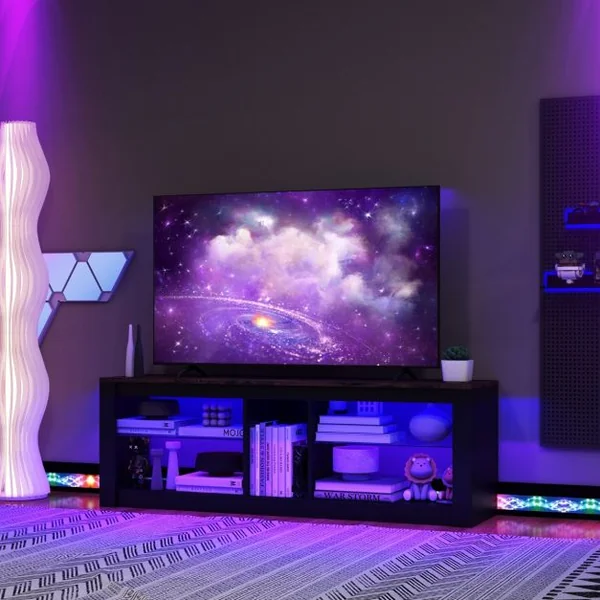 Meuble TV avec Eclairage LED pour TV Jusqu'à 65 Pouces Centre de Divertissement Moderne Etagères Réglables en Verre Trempé Noir et Marron
